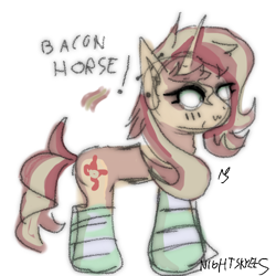 Size: 500x500 | Tagged: safe, artist:nightskyees, sunset shimmer, pony, unicorn, g4, bacon, bacon hair, big eyes, clothes, colored, food, horn, lineart, meat, simple background, socks, solo, striped socks, white background, white eyes