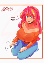 Size: 1400x2000 | Tagged: safe, artist:sozglitch, sunset shimmer, human, g4, beautiful, big breasts, breasts, busty sunset shimmer, cleavage, dialogue, female, floating heart, heart, huge breasts, humanized, looking at you, nail polish, open mouth, open smile, sexy, simple background, sitting, smiling, smiling at you, solo, talking to viewer, white background