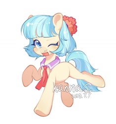 Size: 1226x1305 | Tagged: safe, artist:toast091019, coco pommel, earth pony, pony, g4, cute, female, full body, looking at you, mare, one eye closed, open mouth, open smile, running, shiny mane, shiny tail, simple background, smiling, solo, white background, wink, winking at you