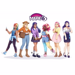 Size: 2048x2048 | Tagged: safe, artist:applesartt, applejack, fluttershy, pinkie pie, rainbow dash, rarity, twilight sparkle, human, g4, alternate hairstyle, apple, applejack's hat, belt, blushing, book, boots, bracelet, cellphone, clothes, converse, cowboy boots, cowboy hat, crate, cute, dark skin, denim, ear piercing, earring, eyeshadow, female, flannel, food, glasses, grin, hat, high heels, high res, hoodie, humanized, jeans, jewelry, leggings, looking at each other, looking at someone, makeup, mane six, mary janes, necklace, one eye closed, open mouth, overalls, pants, phone, piercing, shirt, shoes, shorts, simple background, skirt, smartphone, smiling, socks, sports bra, sweater, t-shirt, tank top, wall of tags, white background, wink