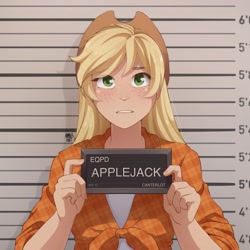 Size: 2048x2048 | Tagged: safe, artist:applesartt, applejack, human, g4, applejack's hat, barbie, barbie (film), barbie mugshot meme, blushing, clothes, cowboy hat, cute, female, flannel, freckles, gritted teeth, hat, high res, humanized, jackabetes, jail, meme, mugshot, nervous, solo, tank top, teeth, worried