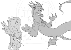 Size: 671x473 | Tagged: safe, artist:burgeredagent, discord, fluttershy, draconequus, pegasus, pony, g4, duo, grayscale, monochrome, redraw, simple background, white background