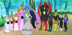 Size: 1429x700 | Tagged: safe, artist:lullabyjak, apple bloom, garble, pharynx, princess ember, rumble, scootaloo, smolder, spike, sweetie belle, thorax, thunderlane, oc, oc:rachel lockhart, changedling, changeling, dragon, earth pony, human, pegasus, unicorn, anthro, unguligrade anthro, g4, bocas top, clothes, dragoness, dress, female, kilt, king thorax, marriage, midriff, outdoors, prince pharynx, scar, wedding