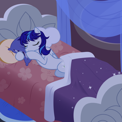 Size: 3000x3000 | Tagged: safe, artist:nika-rain, oc, oc only, oc:snowflake flower, pegasus, pony, bed, bedroom, belly, concave belly, cute, eyes closed, female, folded wings, high res, lying down, mare, night, on side, pegasus oc, pillow, show accurate, sleeping, slender, solo, thin, vector, wings