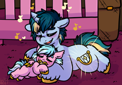 Size: 1982x1372 | Tagged: safe, artist:sexygoatgod, oc, oc only, oc:shining strings, oc:viola shine, hybrid, pegabat, pony, unicorn, baby, baby pony, brother and sister, crib, cuddling, cute, cute little fangs, cutiespark, fangs, female, filly, foal, lullaby, lying down, male, music notes, nursery, offspring, pacifier, parent:lyra heartstrings, parent:oc:razzmatazz gleam, parents:canon x oc, prone, siblings