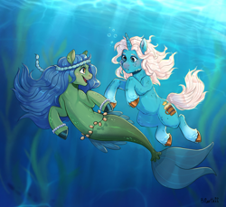 Size: 2414x2207 | Tagged: safe, artist:birdoffnorth, oc, merpony, pony, seapony (g4), unicorn, blue mane, blue tail, blushing, bubble, crepuscular rays, digital art, dorsal fin, duo, female, fin, fins, fish tail, flowing mane, flowing tail, high res, horn, jewelry, looking at each other, looking at someone, male, mare, necklace, ocean, pearl necklace, purple eyes, seaweed, smiling, smiling at each other, stallion, stallion oc, sunlight, swimming, tail, teeth, underwater, unshorn fetlocks, water