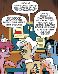 Size: 706x897 | Tagged: safe, idw, official comic, mayor mare, run-around, wooly, bird, earth pony, pigeon, pony, friends forever #15, g4, my little pony: friends forever, spoiler:comic, comic, drool, female, glasses, mare, night shift (g4), sleeping