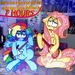 Size: 1512x1512 | Tagged: safe, artist:fluttersharpi, fluttershy, rainbow dash, pegasus, pony, g4, bags under eyes, cute, cute little fangs, drool, fangs, freckles, messy mane, real life background, rock band (game), tired, video game