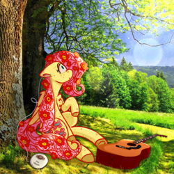 Size: 2618x2618 | Tagged: safe, artist:fluttersharpi, fluttershy, pegasus, pony, g4, cd player, chest fluff, earbuds, flower, flower in hair, freckles, guitar, high res, musical instrument, outdoors, real life background, solo, tree