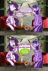 Size: 1366x2048 | Tagged: safe, artist:fluttersharpi, rarity, twilight sparkle, alicorn, pony, unicorn, g4, comic, computer, dialogue, hello fresh, laptop computer, microphone, podcast, real life background, speech bubble, sponsorship, twilight sparkle (alicorn)