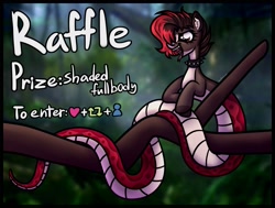 Size: 2047x1548 | Tagged: safe, artist:sadfloorlamp, oc, oc only, oc:torsher, hybrid, lamia, original species, pony, snake, advertisement, art raffle, collar, colored, complex background, countershading, ear fluff, eyelashes, fangs, female, female pred, female predator, forked tongue, hooves, log, long tongue, mare, open mouth, prize, raffle, solo, text, tongue out, tree, tree branch