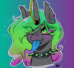 Size: 2200x2000 | Tagged: safe, artist:curryrice, oc, alicorn, earth pony, hybrid, original species, pegasus, pony, unicorn, bust, choker, ear piercing, gradient background, high res, horn, horn jewelry, jewelry, piercing, solo, spiked choker, tongue out