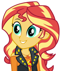 Size: 8671x9931 | Tagged: safe, artist:andoanimalia, sunset shimmer, human, equestria girls, g4, my little pony equestria girls: better together, my little pony equestria girls: choose your own ending, text support, text support: sunset shimmer, absurd resolution, clothes, dilated pupils, female, geode of empathy, grin, jewelry, leather, leather vest, magical geodes, necklace, shoulderless shirt, simple background, smiling, solo, spikes, teeth, transparent background, vector, vest