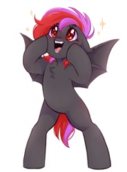 Size: 792x1079 | Tagged: safe, artist:melodylibris, oc, oc only, bat pony, pony, bat pony oc, bipedal, chest fluff, cute, floppy ears, ocbetes, open mouth, open smile, simple background, smiling, solo, sparkles, spread wings, starry eyes, white background, wingding eyes, wings