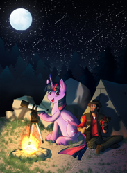 Size: 2413x3300 | Tagged: safe, artist:lycantrin, twilight sparkle, alicorn, human, pony, g4, belly, campfire, carving, coat markings, colored wings, crossover, duo, eyebrows, eyebrows visible through hair, female, fetlock tuft, figurine, fire, folded wings, full moon, happy, height difference, high res, human and pony, knife, looking at each other, looking at someone, male, moon, night, off model, open mouth, open smile, shooting star, shooting stars, smiling, sniper, sniper (tf2), socks (coat markings), starry eyes, starry sky, stars, team fortress 2, telescope, tent, tree, tripod, twilight sparkle (alicorn), two toned wings, unshorn fetlocks, wholesome, wingding eyes, wings, wood