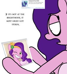 Size: 3023x3351 | Tagged: safe, artist:professorventurer, edit, edited screencap, screencap, pipp petals, pegasus, pony, series:ask pippamena, g5, my little pony: tell your tale, sisters take flight, spoiler:g5, spoiler:my little pony: tell your tale, spoiler:tyts01e03, chest fluff, diadem, dialogue, eyebrows, female, folded wings, high res, holding, jewelry, mare, one eye closed, open mouth, photo, picture, pinpoint eyes, pippamena, primrose petals, raised eyebrow, regalia, simple background, smiling, solo, talking, white background, wings, wink