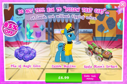 Size: 1959x1300 | Tagged: safe, gameloft, idw, earth pony, pony, g4, my little pony: magic princess, official, advertisement, clothes, costs real money, english, hat, idw showified, introduction card, kart, magic coins, male, mobile game, numbers, sale, solo, stallion, text, unnamed character, unnamed pony