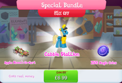 Size: 1264x861 | Tagged: safe, gameloft, idw, earth pony, pony, g4, my little pony: magic princess, official, bundle, clothes, costs real money, english, hat, idw showified, kart, magic coins, male, mobile game, numbers, sale, solo, stallion, text, unnamed character, unnamed pony