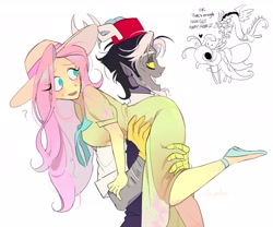 Size: 2400x2000 | Tagged: safe, artist:pelma, idw, discord, fluttershy, butterdragon, draconequus, human, pegasus, pony, g4, spoiler:comic, spoiler:comic24, antlers, carrying, clothes, confused, dress, duo, duo male and female, elf ears, female, fez, gloves, hat, high res, horn, horned humanization, horns, hug, humanized, male, over the shoulder, pony coloring, question mark, scene interpretation, simple background, snaggletooth, sun hat, sweat, sweatdrop, trio, white background