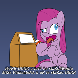 Size: 900x900 | Tagged: safe, artist:unitxxvii, pinkie pie, earth pony, pony, g4, blue background, dialogue, female, gradient background, hoof hold, mare, mocking, open mouth, pinkamena diane pie, sitting, solo, tongue out, trash can