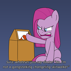 Size: 900x900 | Tagged: safe, artist:unitxxvii, pinkie pie, earth pony, pony, g4, blue background, dialogue, female, gradient background, hoof hold, mare, mocking, open mouth, pinkamena diane pie, sitting, solo, trash can