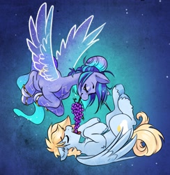 Size: 3094x3176 | Tagged: safe, artist:opalacorn, oc, oc only, oc:asteria, oc:blue skies, pegasus, pony, unicorn, artificial wings, augmented, commission, eyes closed, feeding, female, food, grapes, high res, lying down, magic, magic wings, male, mare, mouth hold, oc x oc, on back, open mouth, shipping, stallion, straight, wings