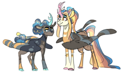 Size: 3083x1800 | Tagged: safe, artist:baylard, princess celestia, princess luna, alicorn, pony, g4, alternate design, colored wings, duo, duo female, female, frown, high res, mottled coat, mottled fur, multicolored coat, multicolored fur, multicolored wings, royal sisters, siblings, sisters, smiling, wings