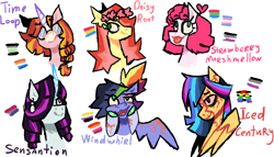 Size: 700x400 | Tagged: safe, artist:iluminarubright, oc, oc only, oc:daisy root, oc:iced century, oc:sensation, oc:strawberry marshmallow, oc:time loop, oc:windwhirl, earth pony, pegasus, pony, unicorn, agender pride flag, aroace pride flag, asexual pride flag, bisexual pride flag, bust, female, floral head wreath, flower, glasses, lesbian pride flag, magical lesbian spawn, mare, next generation, nonbinary pride flag, offspring, pansexual pride flag, parent:big macintosh, parent:cheese sandwich, parent:fancypants, parent:flash sentry, parent:fluttershy, parent:pinkie pie, parent:rainbow dash, parent:rarity, parent:soarin', parent:starlight glimmer, parent:sunset shimmer, parent:twilight sparkle, parents:cheesepie, parents:flashlight, parents:fluttermac, parents:raripants, parents:shimmerglimmer, parents:soarindash, polysexual pride flag, pride, pride flag, round glasses, scar, simple background, straight ally flag, transgender pride flag, white background