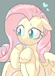 Size: 2507x3421 | Tagged: safe, artist:gakushuogawa, fluttershy, pegasus, pony, g4, colored pupils, cute, floating heart, floppy ears, green background, grin, heart, high res, partially open wings, shyabetes, simple background, smiling, solo, unshorn fetlocks, wings