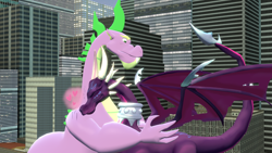 Size: 1920x1080 | Tagged: safe, artist:php170, spike, dragon, g4, secret of my excess, 3d, city, cityscape, corrupted cynder, crossover, crossover shipping, cynder, cynderspike, female, giantess, greed spike, heart, hug, macro, male, older, older spike, purring, shipping, source filmmaker, spikezilla, spyro the dragon (series), straight, the legend of spyro, winged spike, wings