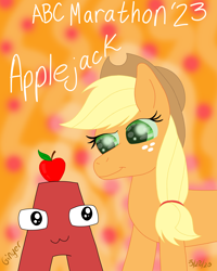 Size: 4000x5000 | Tagged: safe, artist:gingerdemonkitten666, applejack, earth pony, pony, g4, a, absurd resolution, alphabet lore, apple, applejack's hat, cowboy hat, crossover, duo, female, food, freckles, hat, looking at each other, looking at someone, male, mare, owo