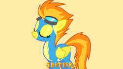 Size: 1920x1080 | Tagged: safe, artist:baumkuchenpony, edit, editor:jaredking779, spitfire, pegasus, pony, g4, clothes, eyes closed, female, folded wings, goggles, mare, simple background, smiling, solo, uniform, wings, wonderbolts uniform, yellow background