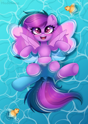 Size: 4500x6347 | Tagged: safe, artist:madelinne, oc, oc only, oc:emilia starsong, pegasus, pony, dock, happy, looking at you, lying down, on back, open mouth, open smile, partially submerged, pegasus oc, smiling, solo, swimming pool, tail, water, wet