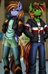 Size: 2490x3809 | Tagged: safe, artist:pridark, oc, oc only, unicorn, anthro, canterlot high, clothes, commission, cosplay, costume, duo, equestria girls outfit, female, high res, horn, jacket, male, matching outfits, pants