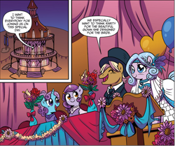 Size: 1578x1317 | Tagged: safe, artist:brenda hickey, idw, earth pony, pony, unicorn, friends forever #19, g4, my little pony: friends forever, spoiler:comic, bride, bridesmaid, bridesmaid dress, clothes, dress, female, flower, hat, male, mare, marriage, smiling, stallion, unnamed character, unnamed pony, wedding, wedding dress