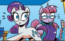 Size: 769x490 | Tagged: safe, artist:brendahickey, idw, rarity, pony, unicorn, friends forever #19, g4, my little pony: friends forever, spoiler:comic, cake, clothes, female, food, glasses, mare, scarf, surprised, unnamed character, unnamed pony