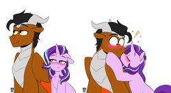 Size: 1862x1014 | Tagged: safe, artist:redxbacon, starlight glimmer, oc, oc:draco k-night blaze, hybrid, pony, unicorn, g4, blushing, canon x oc, commission, duo, eyes closed, height difference, horn, kiss on the lips, kissing, shipping, simple background, starlaco, surprised, white background