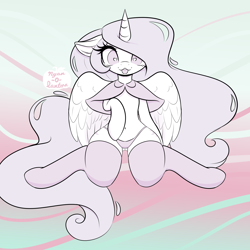 Size: 3000x3000 | Tagged: safe, artist:nyan-o-lantern, princess celestia, alicorn, semi-anthro, g4, abstract background, arm hooves, clothes, eyelashes, female, heart, heart eyes, high res, pink-mane celestia, solo, stockings, thigh highs, wingding eyes