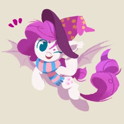 Size: 1398x1398 | Tagged: safe, artist:drtuo4, oc, oc only, oc:elvita, bat pony, pony, bat pony oc, clothes, hat, scarf, simple background, solo, spread wings, striped scarf, wings
