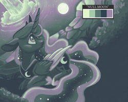 Size: 2048x1641 | Tagged: safe, artist:carouselunique, princess luna, alicorn, pony, g4, colored wings, female, floppy ears, full moon, jewelry, limited palette, looking back, lying down, mare, moon, moonlight, night, prone, reflection, regalia, solo, two toned wings, water, waterfall, wings