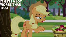 Size: 2000x1125 | Tagged: safe, edit, edited screencap, editor:quoterific, screencap, applejack, earth pony, pony, g4, ppov, apple, apple tree, applejack's hat, basket, cowboy hat, female, fence, freckles, hat, mare, open mouth, ponytail, raised hoof, reaction image, solo, tree