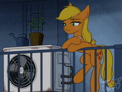 Size: 1000x750 | Tagged: safe, artist:hauntedtuba, applejack, earth pony, pony, g4, air conditioner, animated, balcony, bipedal, concave belly, condenser, eating, eyebrows, fan, female, flower, food, frown, gif, hair tie, heat pump, mare, potted plant, signature, solo, tail tie, watering can