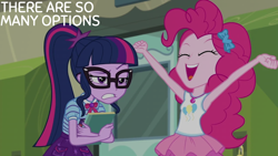 Size: 2000x1125 | Tagged: safe, edit, edited screencap, editor:quoterific, screencap, pinkie pie, sci-twi, twilight sparkle, human, equestria girls, equestria girls series, g4, stressed in show, stressed in show: pinkie pie, ^^, annoyed, armpits, arms in the air, best friends, book, bow, clothes, cute, duo, duo female, eyes closed, female, geode of sugar bombs, geode of telekinesis, glasses, gritted teeth, hair bow, hairband, irritated, jewelry, magical geodes, necklace, open mouth, open smile, pendant, polo shirt, ponytail, rah rah skirt, sci-twi is not amused, skirt, smiling, subtitles, tank top, teeth, unamused