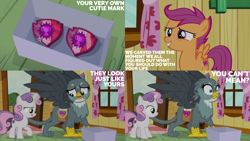 Size: 2000x1125 | Tagged: safe, edit, edited screencap, editor:quoterific, screencap, gabby, scootaloo, sweetie belle, griffon, pegasus, pony, unicorn, g4, the fault in our cutie marks, bag, clubhouse, crusaders clubhouse, saddle bag