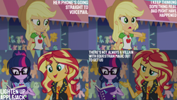 Size: 2000x1125 | Tagged: safe, edit, edited screencap, editor:quoterific, screencap, applejack, sci-twi, sunset shimmer, twilight sparkle, human, equestria girls, equestria girls specials, g4, my little pony equestria girls: better together, my little pony equestria girls: rollercoaster of friendship