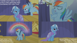 Size: 2000x1125 | Tagged: safe, edit, edited screencap, editor:quoterific, screencap, rainbow dash, trixie, pegasus, pony, unicorn, boast busters, g4, arrogant, boasting, cape, clothes, cocky, duo, duo female, eyes closed, female, grin, gritted teeth, mare, open mouth, rainbow, rainbow dash is not amused, show-off, smiling, smug, spread wings, stage, teeth, trixie's brooch, trixie's cape, unamused, wings