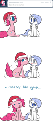 Size: 1280x3000 | Tagged: safe, artist:penguinpotential, pinkie pie, oc, oc:frigid drift, pegasus, pony, ask frigid drift, g4, blushing, christmas, female, hat, holiday, licking, mare, santa hat, tongue out