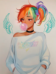 Size: 1920x2558 | Tagged: dead source, safe, artist:chloe dawn, artist:eggheadscientist, rainbow dash, human, g4, bubblegum, choker, clothes, floating wings, food, gum, human coloration, humanized, off shoulder, off shoulder sweater, ponytail, solo, sweater, tan skin, wings