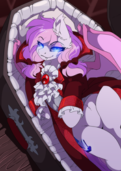 Size: 2480x3508 | Tagged: safe, artist:arctic-fox, oc, oc only, oc:malina, bat pony, pony, vampire, vampony, bow, clothes, coffin, cosplay, costume, dracula, glowing, glowing eyes, grin, hair bow, high res, looking at you, lying down, on back, pigtails, smiling, solo