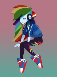 Size: 1611x2196 | Tagged: safe, artist:merimutt, rainbow dash, human, equestria girls, g4, gradient background, headphones, humanized, solo